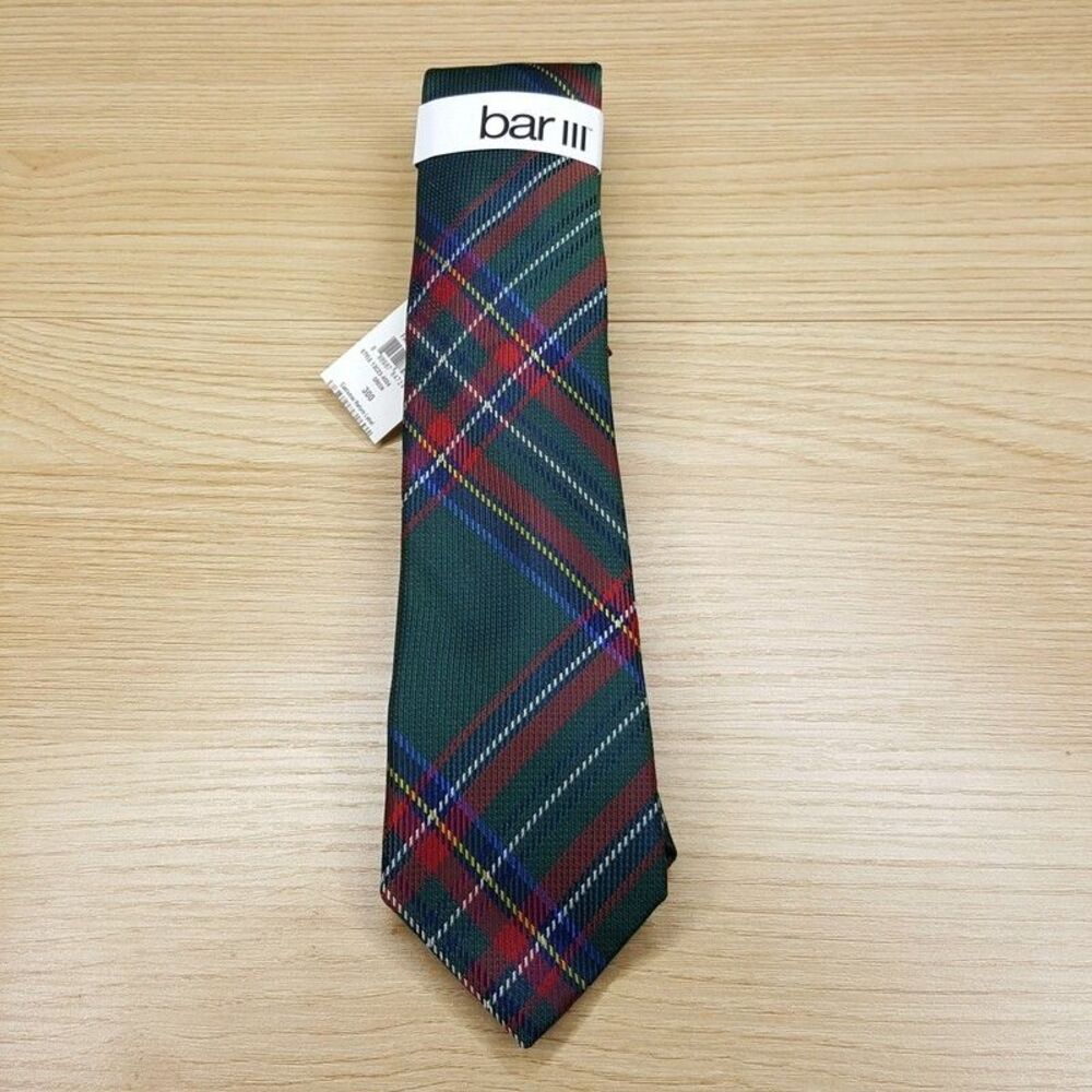 BAR III Mens Neck Tie Green Plaid Tartan Slim Skinny Silk Blend